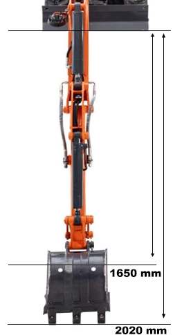 Alcance y profundidad de excavación 2020 mm y 1650 mm medidos en la Rhinoceros XN13 Alcance y profundidad de excavación 2020 mm y 1650 mm medidos en la Rhinoceros XN13